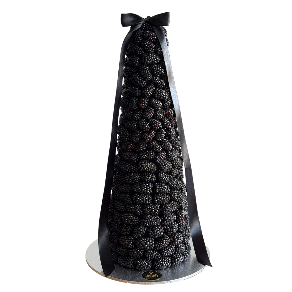Blackberry tower made with fresh blackberries, styled as a fruit dessert centrepiece for weddings and events in Melbourne and Adelaide.