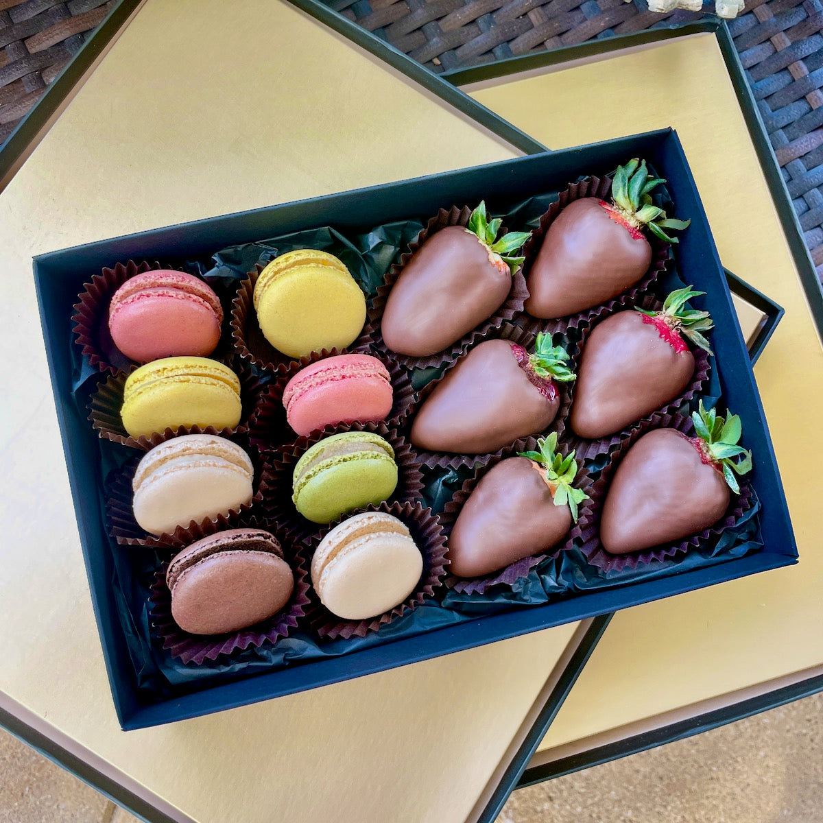 macarons hamper, choc dipped berries delivery
