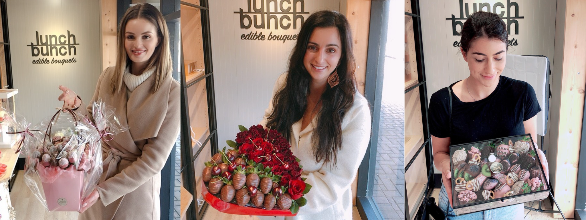 Customer receiving a Lunch Bunch chocolate strawberry gift box