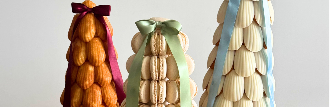 Madeline cake towers next to macarons tower available for same day delivery Adelaide and Melbourne