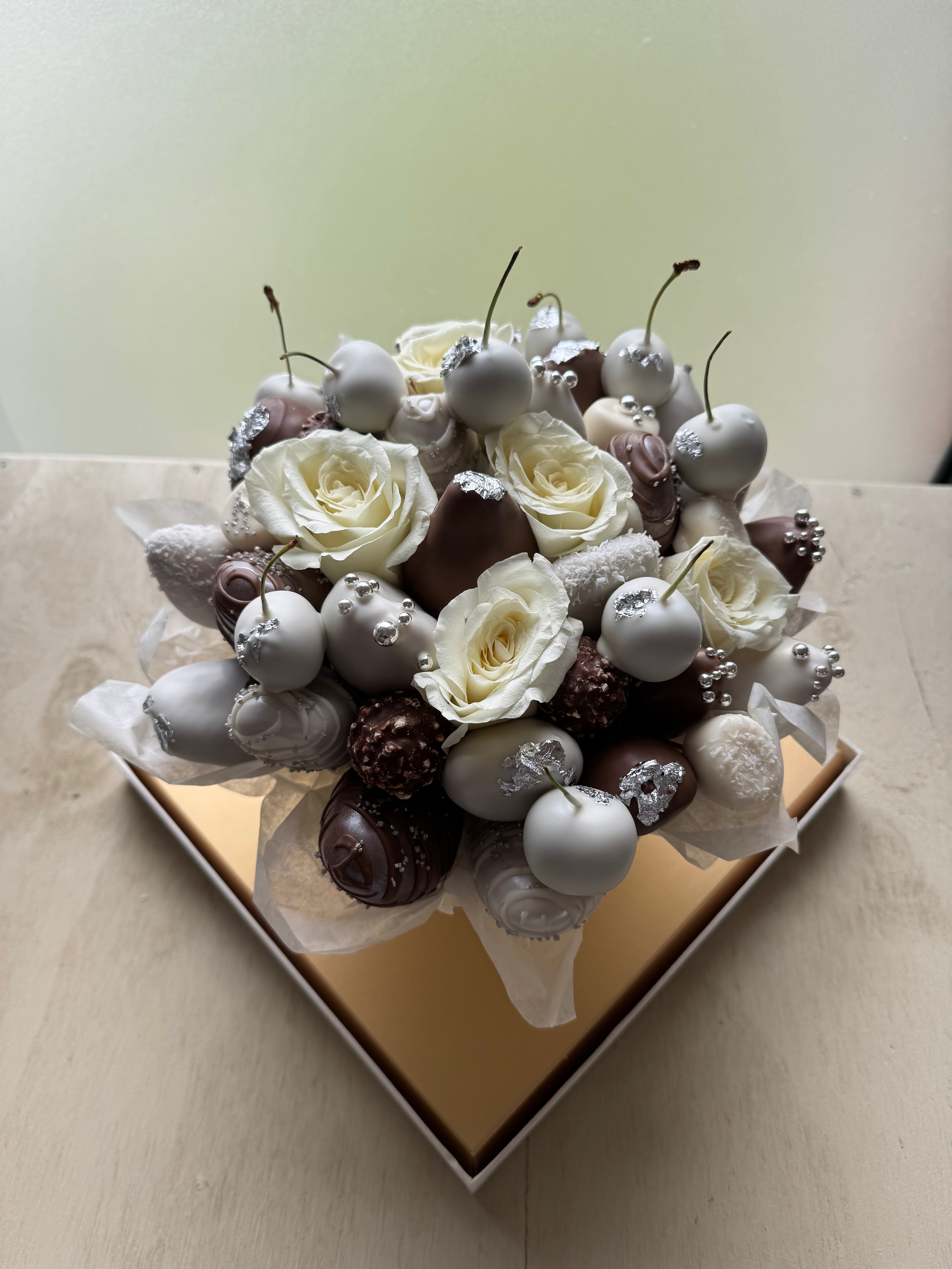 Diamond Anniversary Allure Chocolate Strawberry Bouquet with fresh flowers and Ferrero Rocher chocolates
