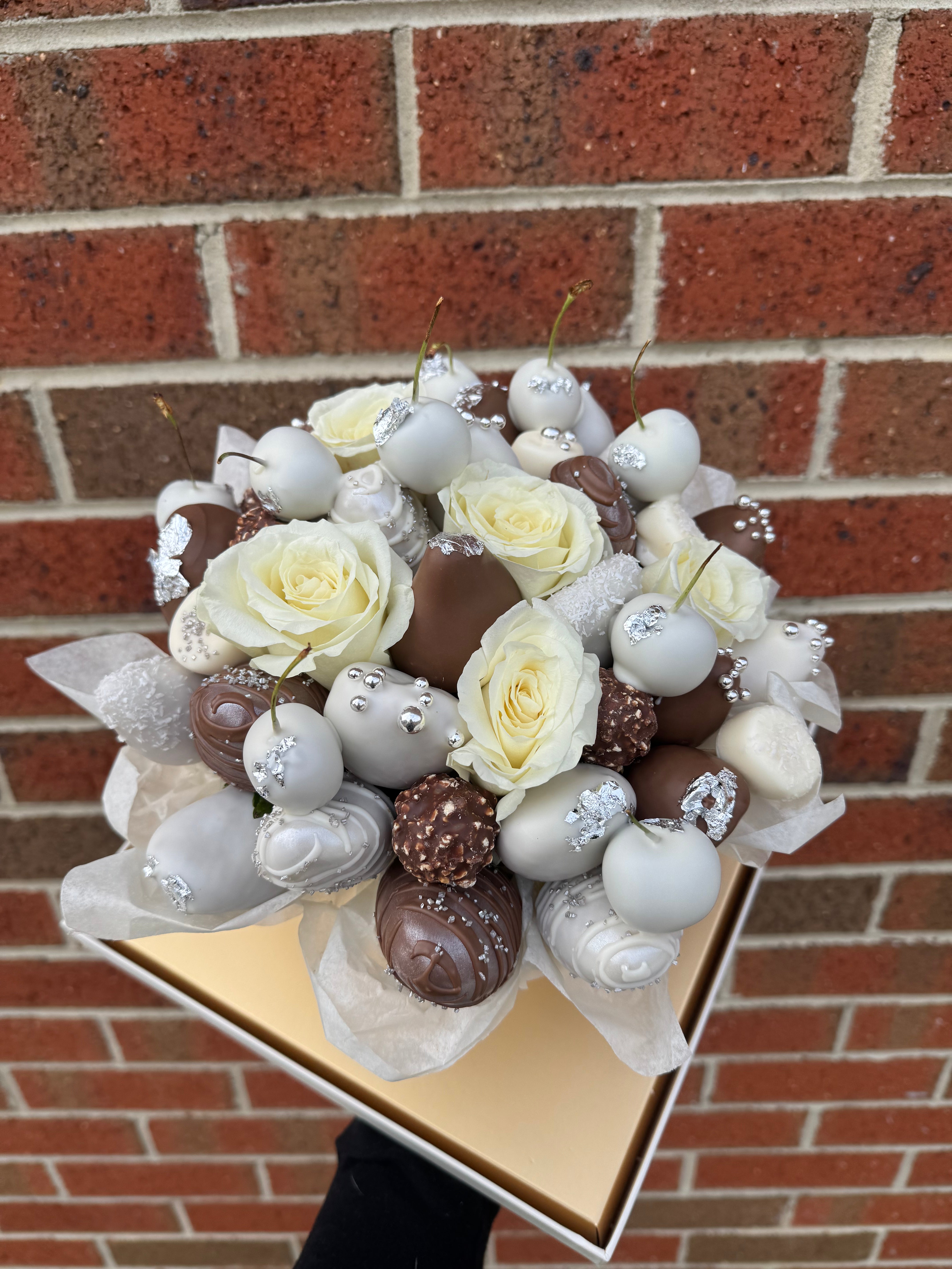 Elegant 60th Diamond Anniversary gift bouquet with double-dipped chocolate strawberries