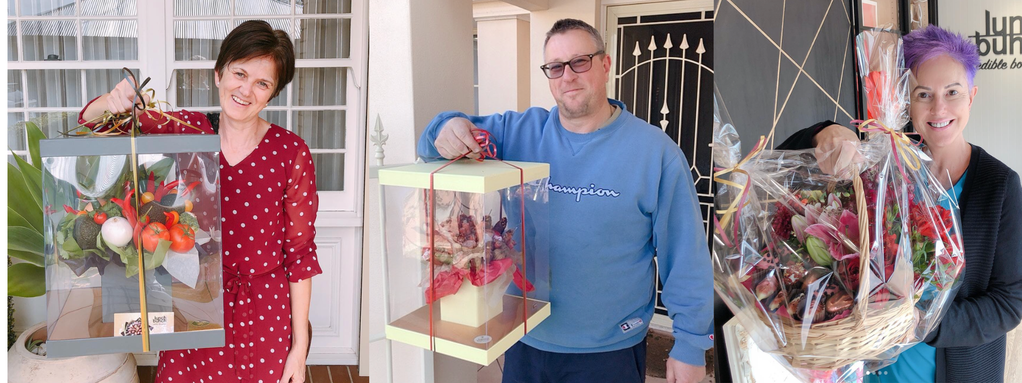 One of our beautiful customers holding a Lunch Bunch gift box, handmade fresh and packed with love.
