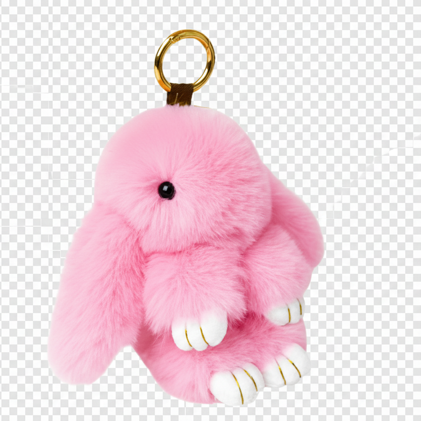 Pink plush bunny keychain with a gold ring on a white background