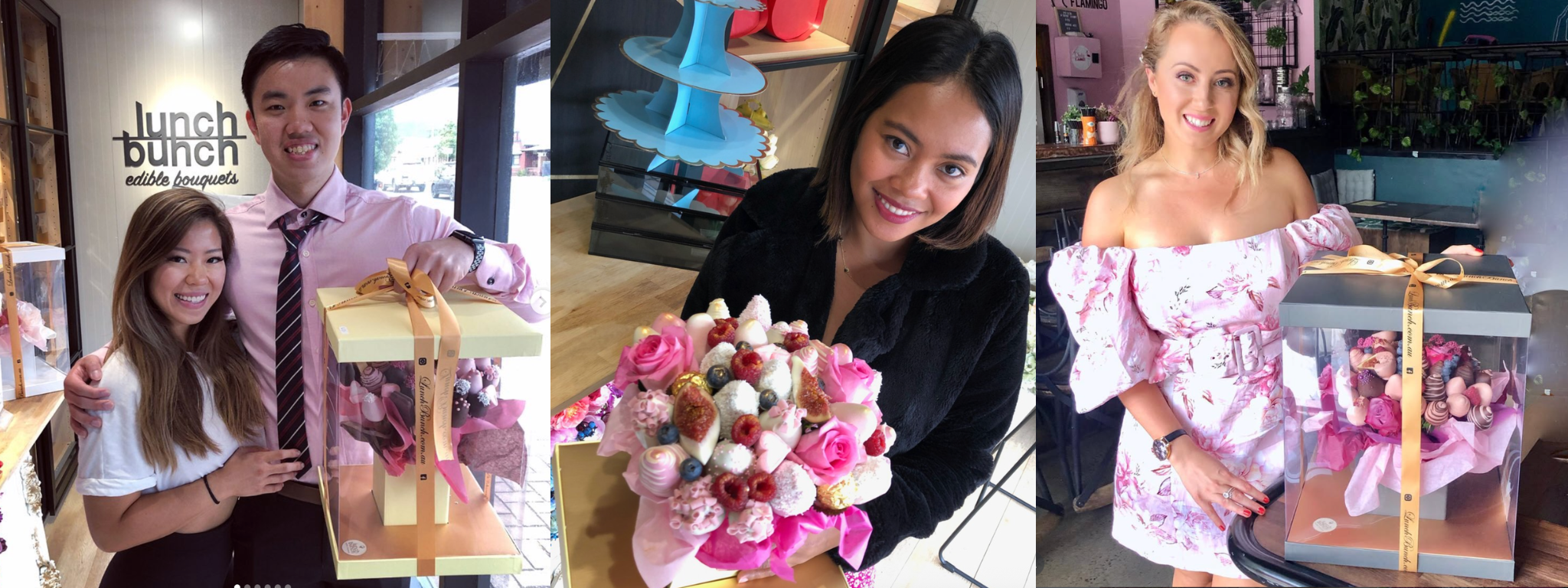 Customer receiving a Lunch Bunch chocolate strawberry gift box