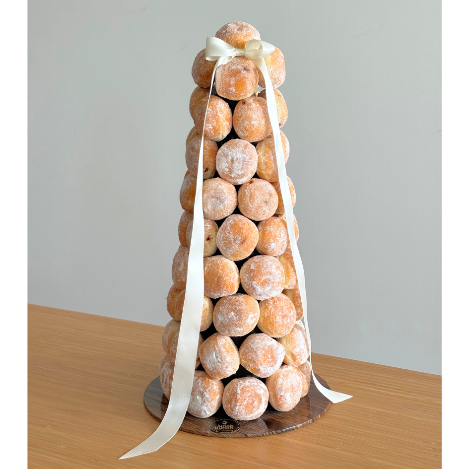 Rustic donut tower featuring filled bombolini donuts, perfect for wedding dessert tables, corporate events and celebrations in Melbourne and Adelaide