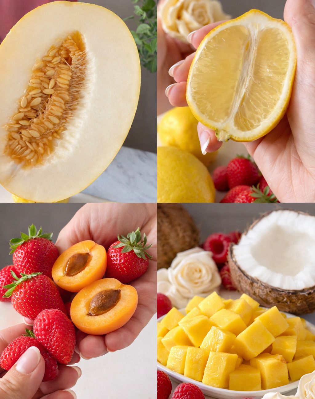 Zephyr of fruits including a melon, lemon, strawberries, apricots, and mangoes.