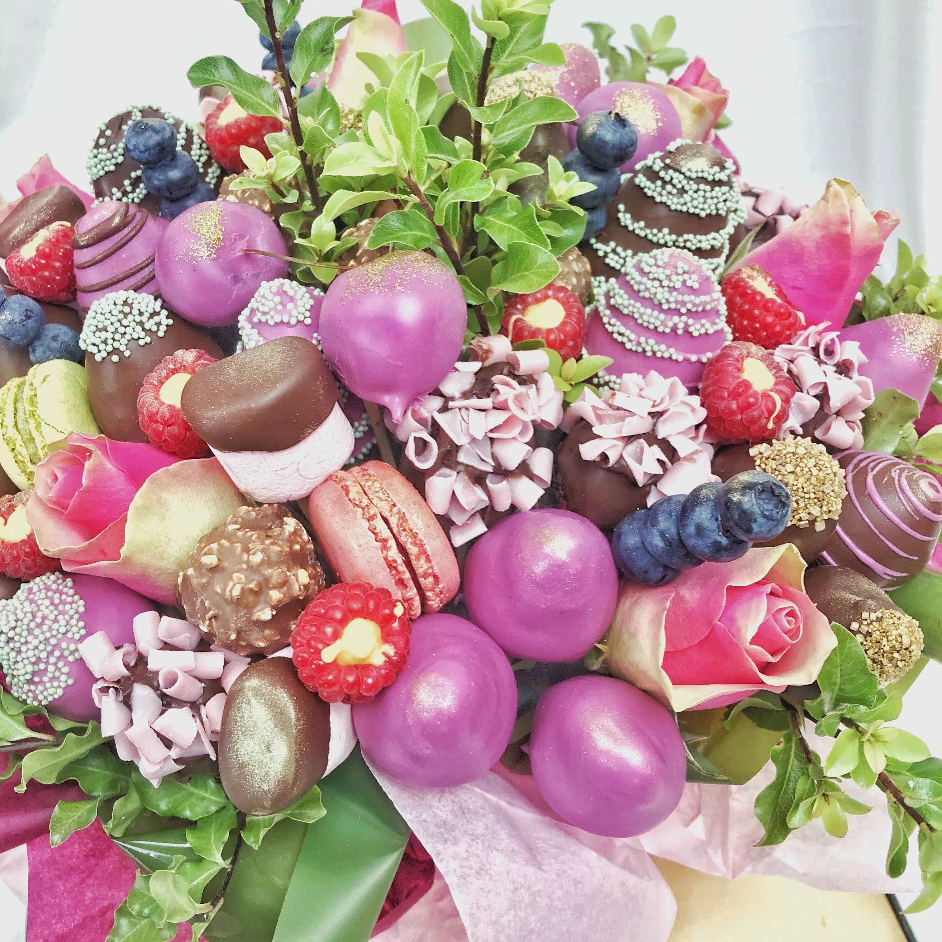 Pink and green chocolate covered strawberries in a luxury Bouquet delivery next day or same day online order