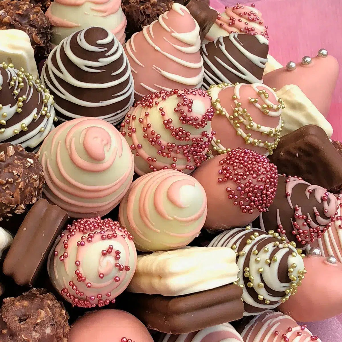 pink chocolate hamper, chocolate dipped strawberries.