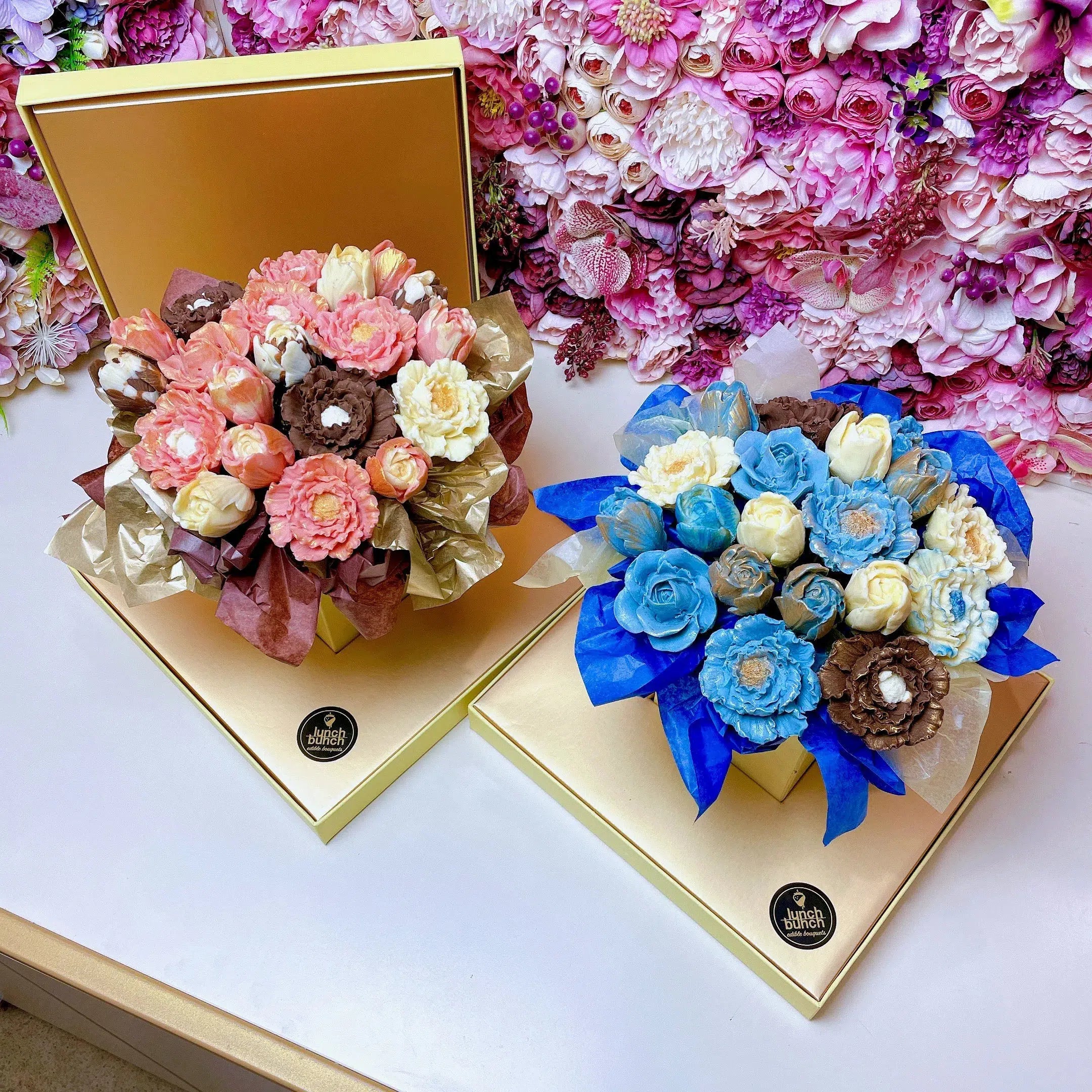 Chocolate blooms Bouquet, chocolate flowers bouquet, blue flowers gift lolly table display newborn boy gifts
