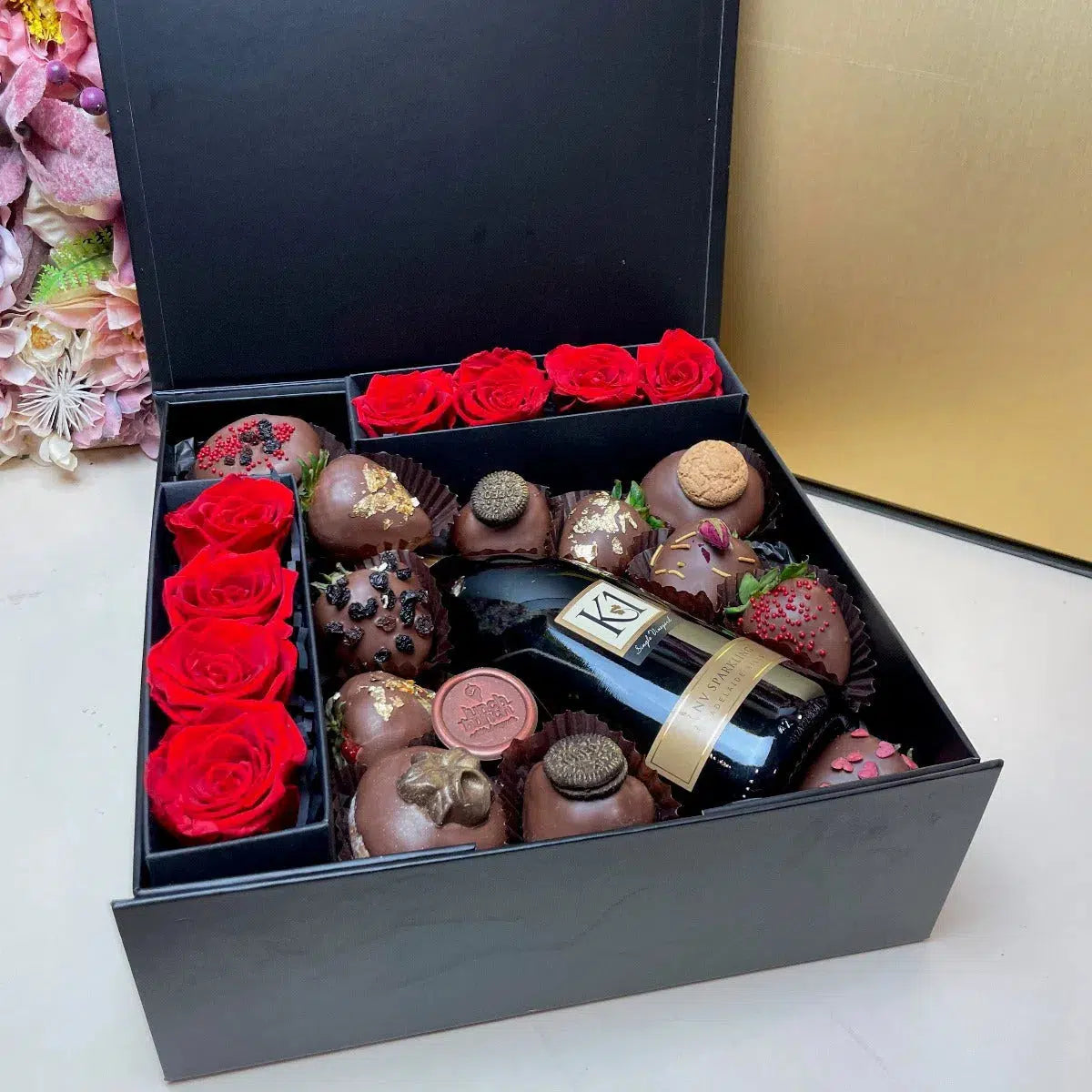 preserved Roses, Infinity Roses, Eternal Roses, Chocolate Strawberries Box, K1 Sparkling, Same day Delivery Gift Hamper, Chocolate Flowers Gift, Valentine's Day Chocolate box, Valentine Gift for Her, Long lasting flowers.