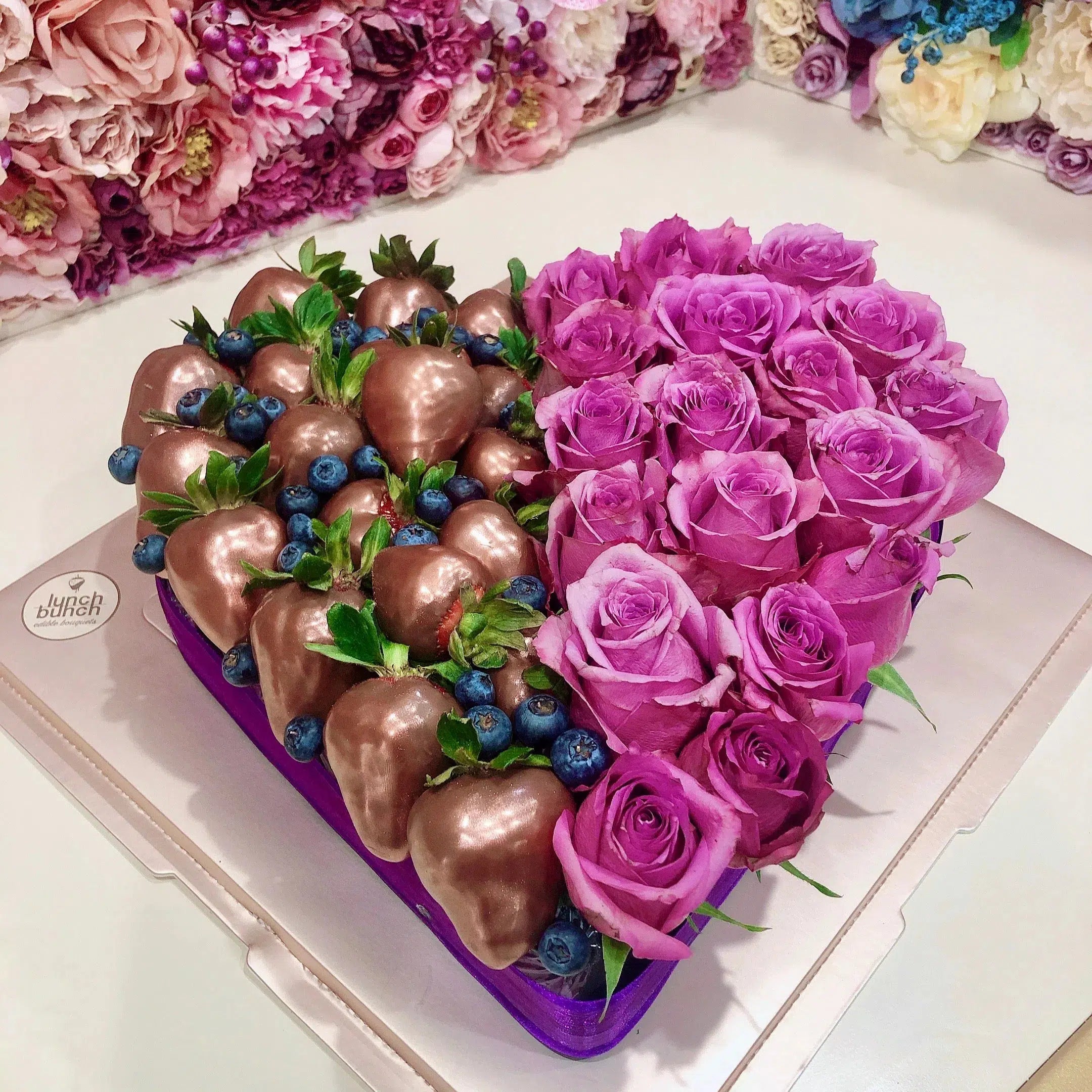 Love heart box half roses and half chocolate covered strawberries, romantic gift of chocolate treats