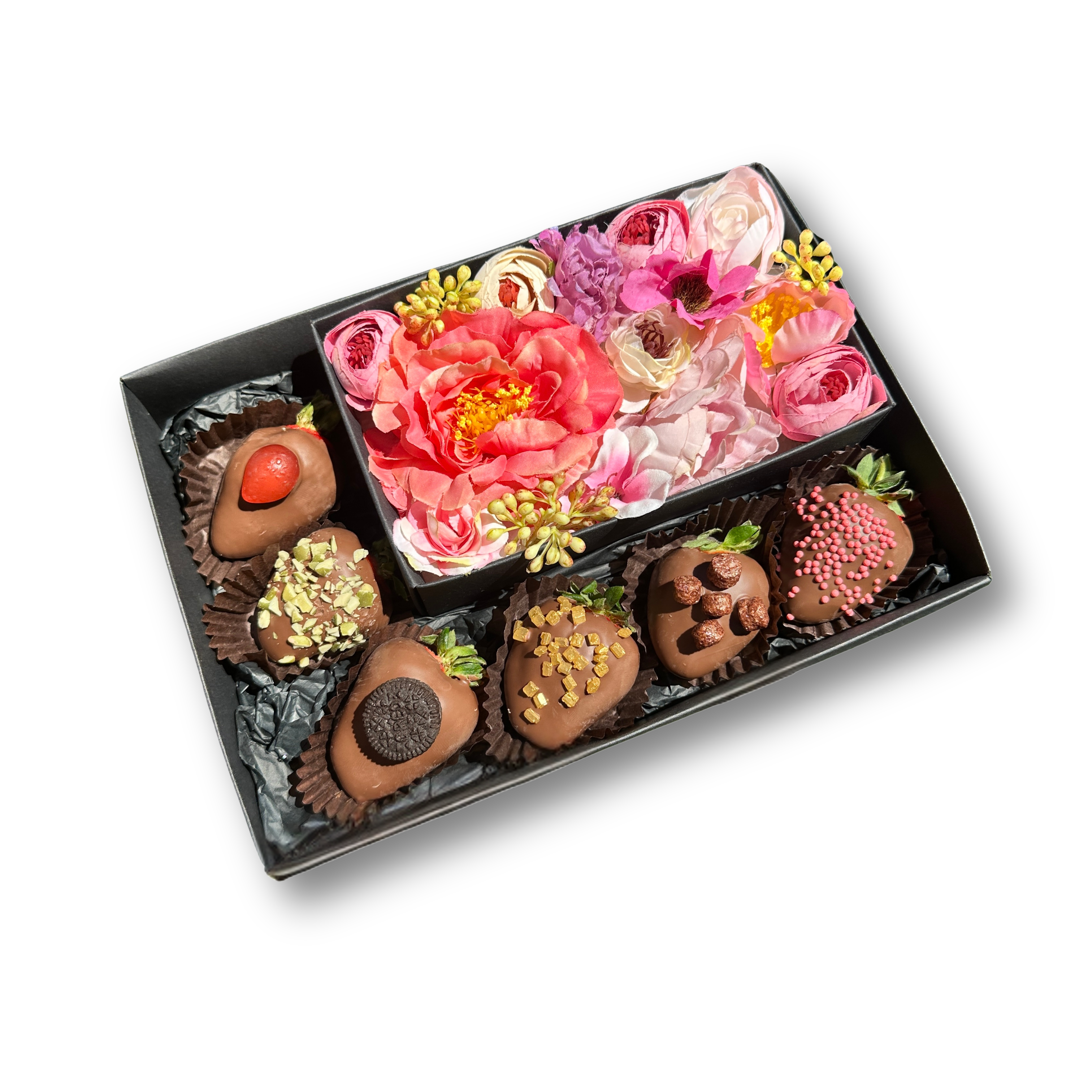 Chocolate Strawberry Gift Box with Silk Flowers featuring six chocolate covered strawberries and a keepsake flower box
