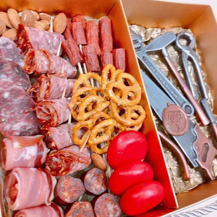 Mini chocolate tools with meat and cheese gift hamper, solid dark chocolate treats for your perfect man