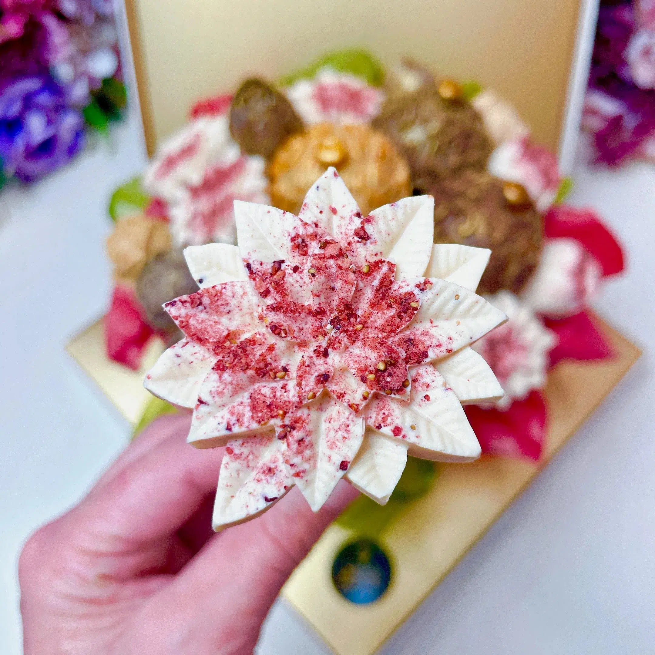 Chocolate Bouquet with Red Poinsettia Flowers, Christmas Balls Gift, Adelaide same day gift delivery, dessert box