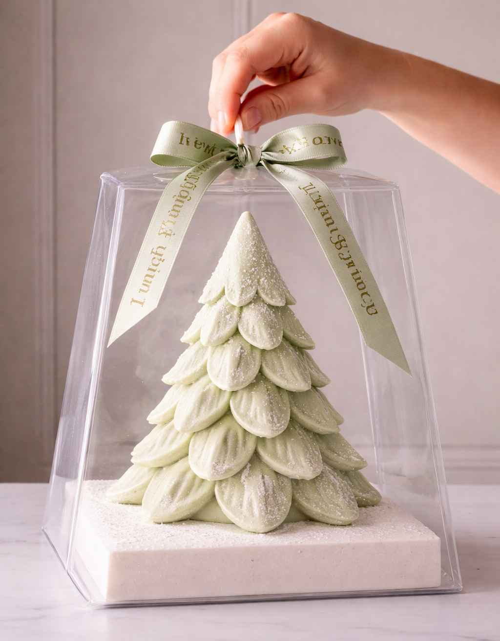 Decorative Christmas tree made of zephyr in a clear packaging with a green ribbon. Favour box for corporate gifts.