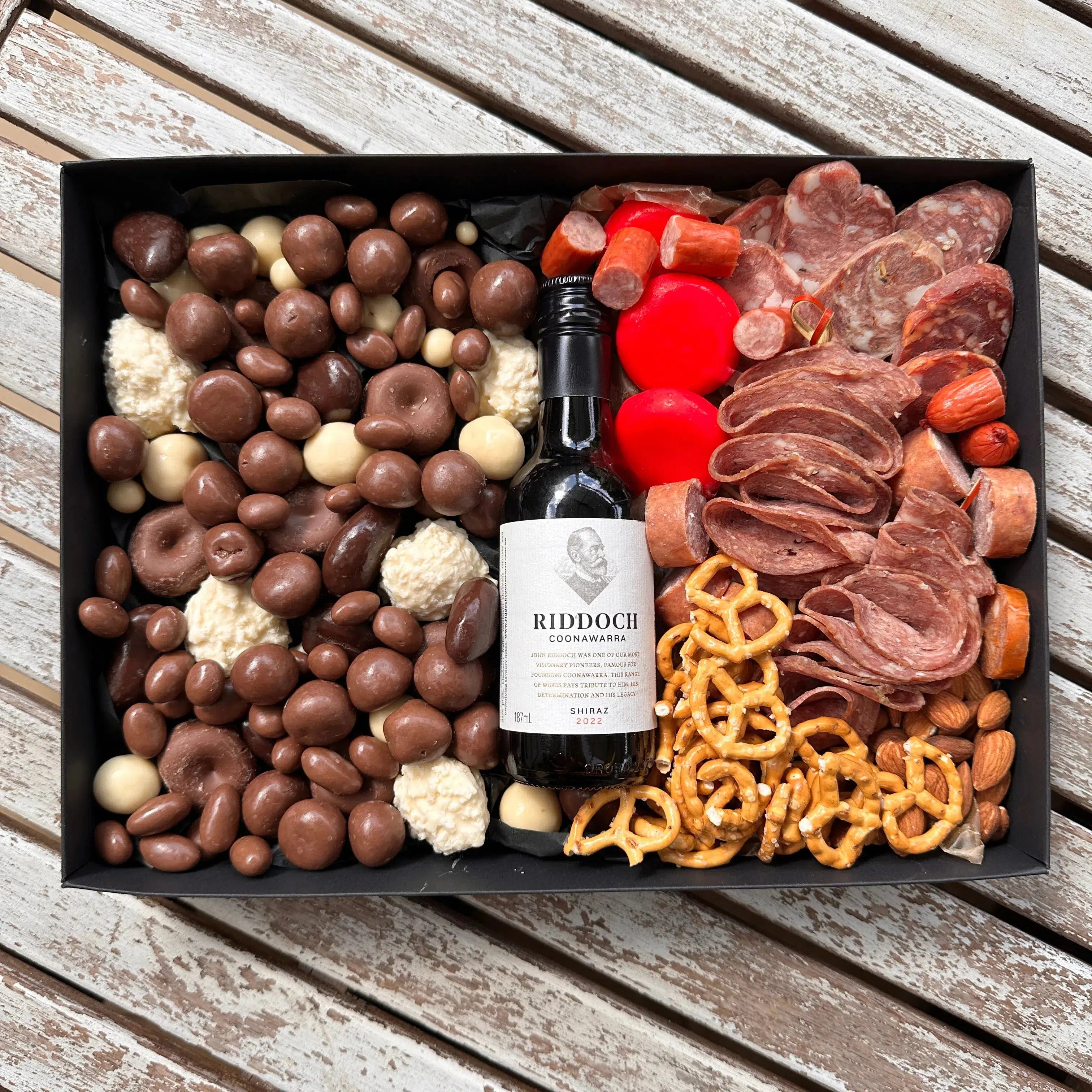 Meat, and Cheese Hamper. chocolates, gourmet cheeses, delivery to Adelaide and Melbourne,