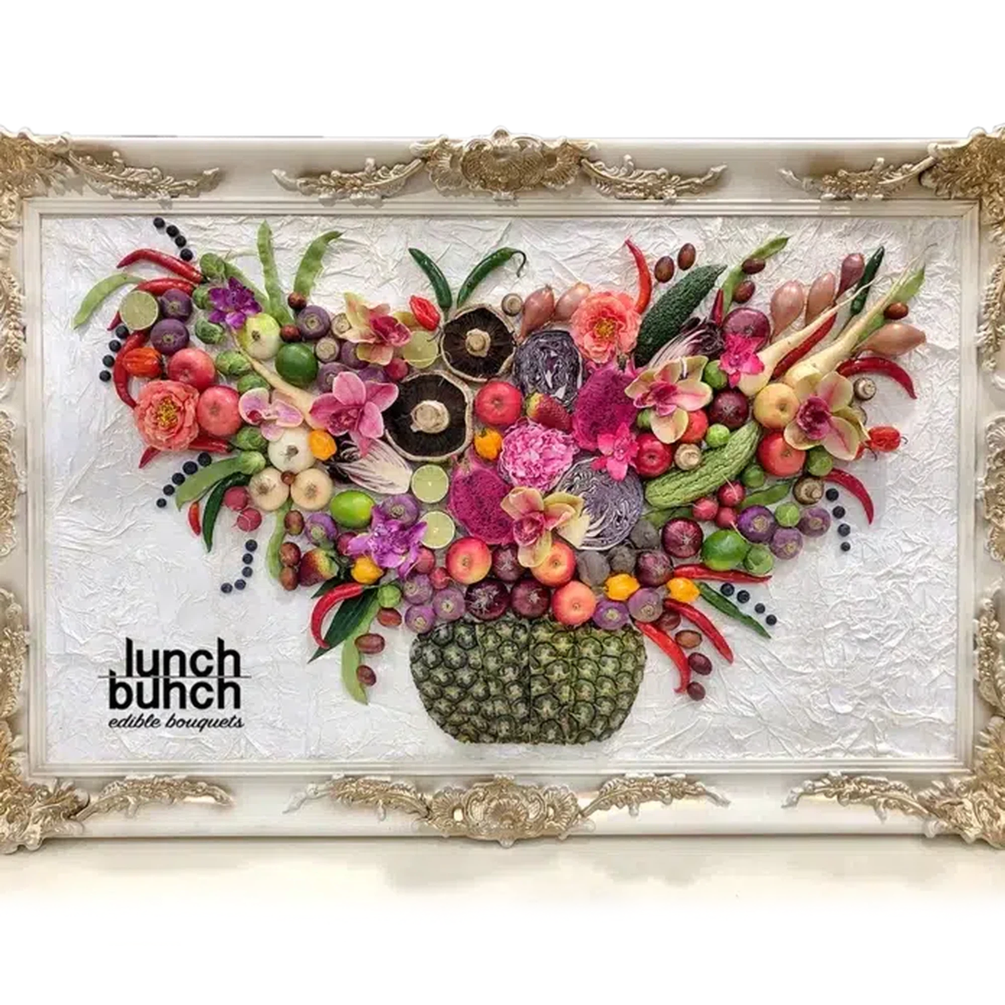 Edible art work handcrafted edible wall fruits and vegetables in a still life painting 3-D art work with real vegetables and fruits still life art work in borocco style picture frame