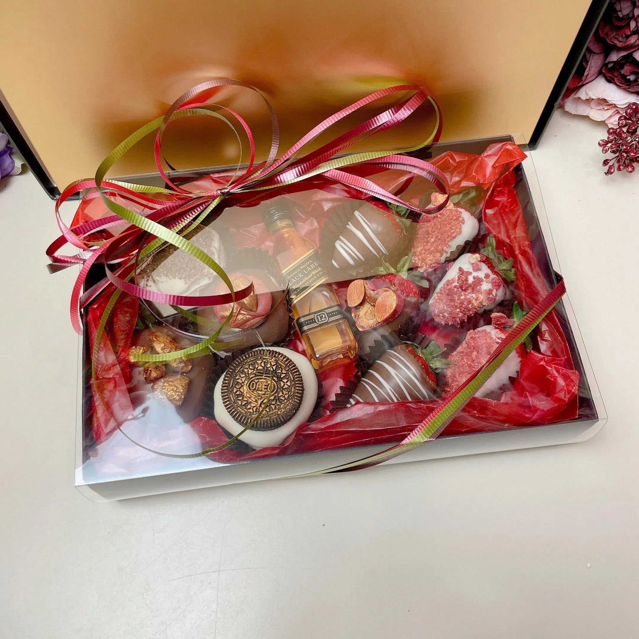 Dessert back for Christmas, Sweet gift for him, Gift for a man same-day delivery Adelaide wide, Donut Box and whiskey, Chocolate covered Strawberry box delivery