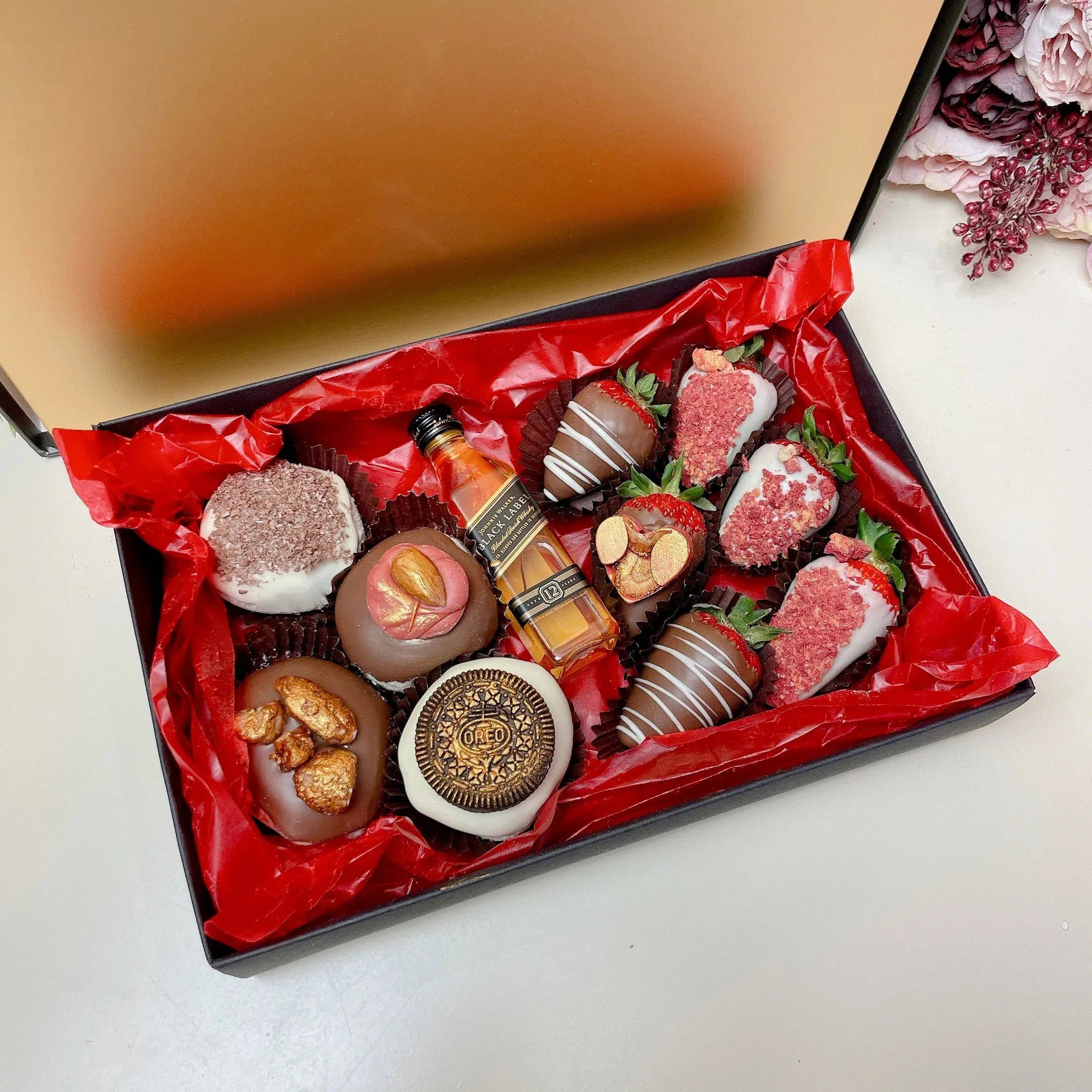 Dessert back for Christmas, Sweet gift for him, Gift for a man same-day delivery Adelaide wide, Donut Box and whiskey, Chocolate covered Strawberry box delivery