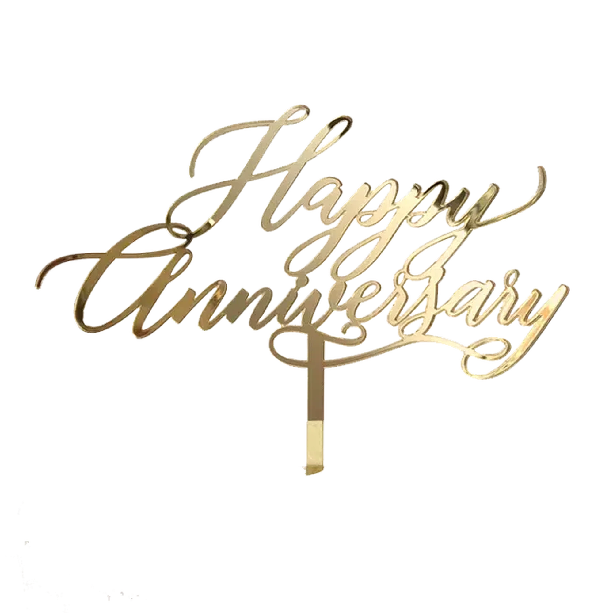 Happy Anniversary Gold Mirror acrylic laser-cut cake topper is 14cm wide and could be re-used again.