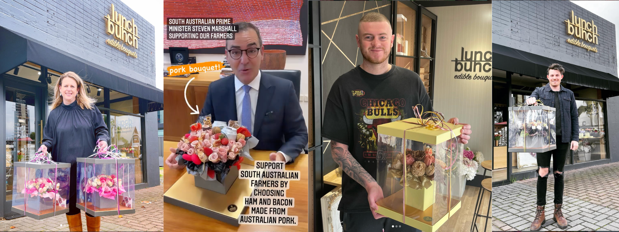 A happy Lunch Bunch customer holding one of our luxury edible gift boxes, handmade fresh and delivered with our signature wow-factor presentation.