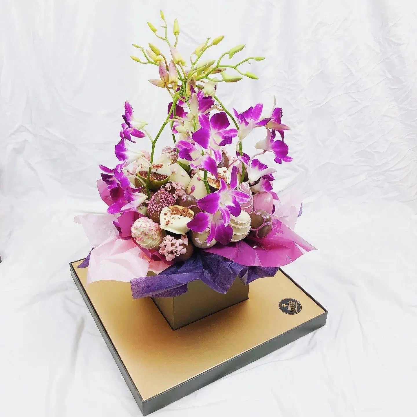 Orchids & Chocolate Strawberries Bouquet chocolate covered strawberries and orchids in the transparent gift box