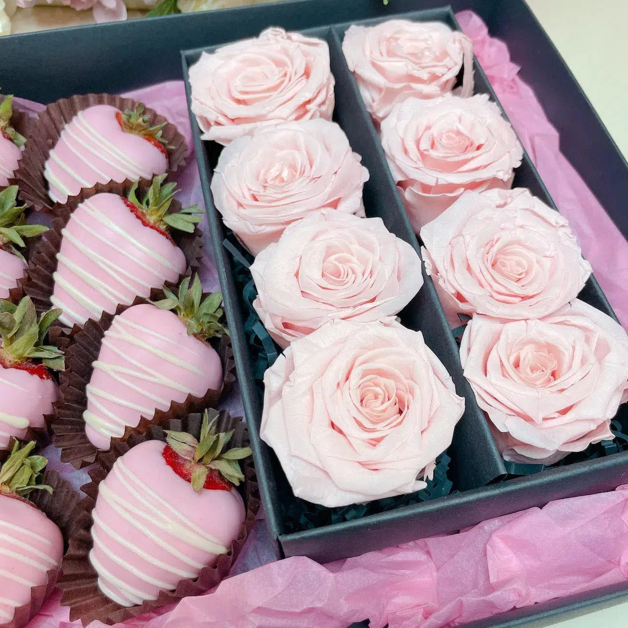 Pink Chocolate Strawberries Preserved Roses Hamper, gifts for her, gift for lady, gift for mum, dessert box delivery