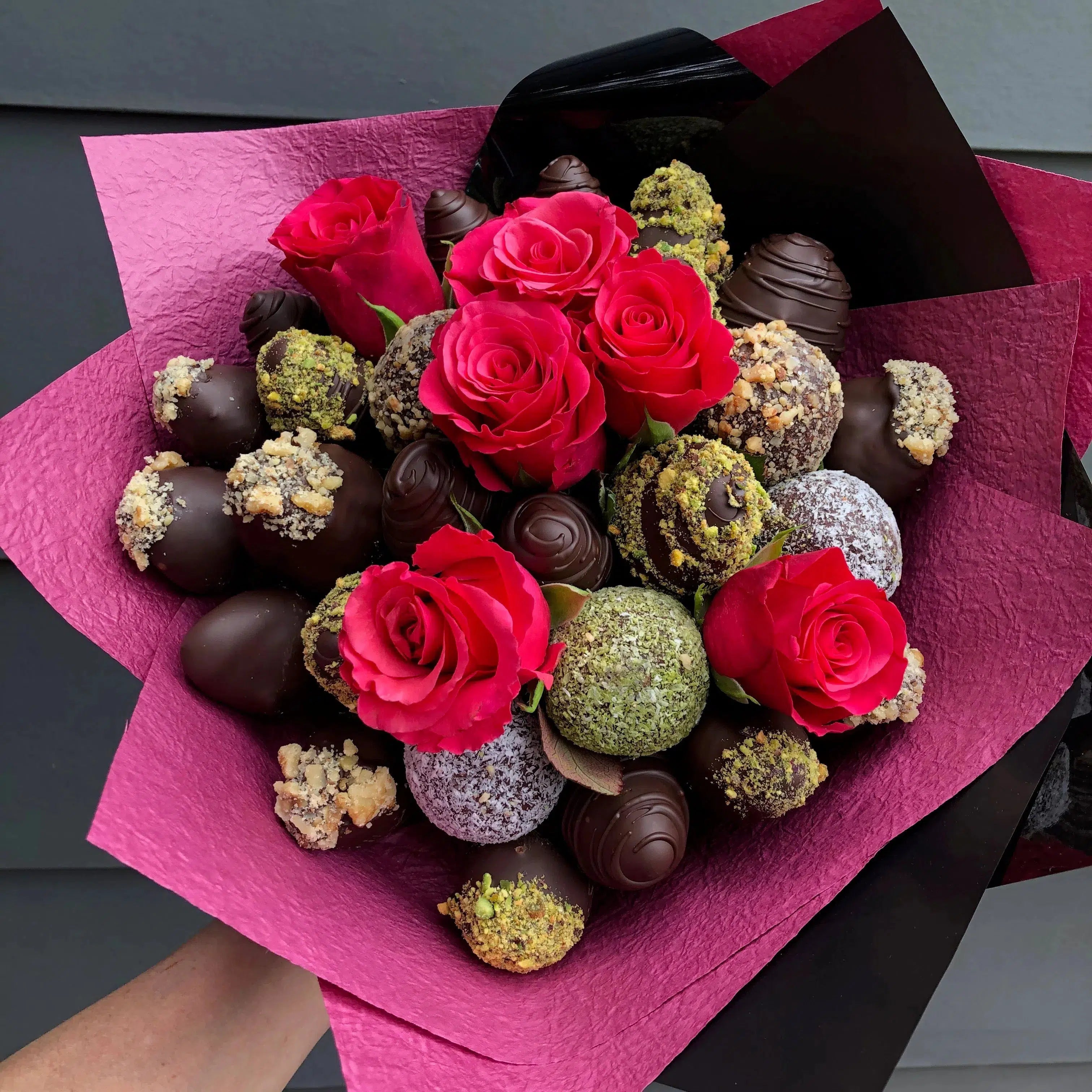 Vegan Chocolate Strawberries & Protein Bliss Balls Bouquet