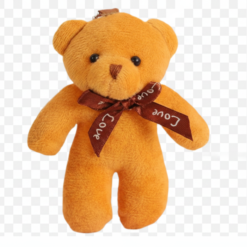 Small brown teddy bear with a 'love' ribbon on a white background