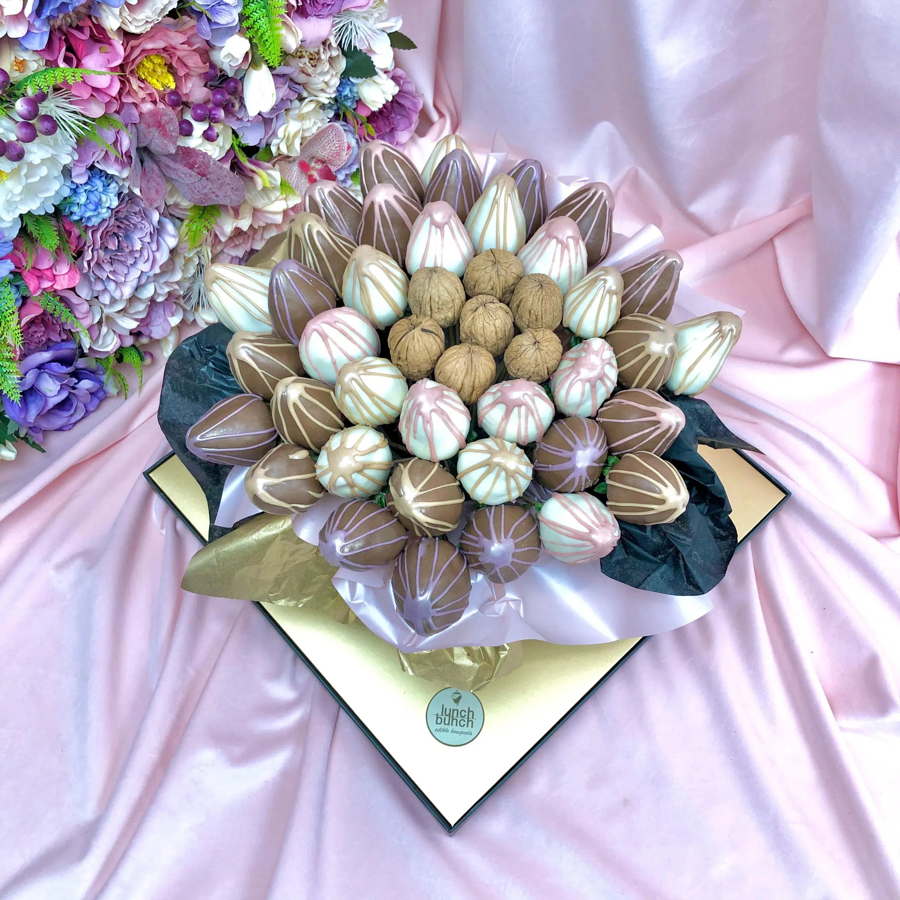 Two dozen of fresh strawberries covered in white and milk Belgium chocolate bouquet fresh walnuts healthy treat gift box