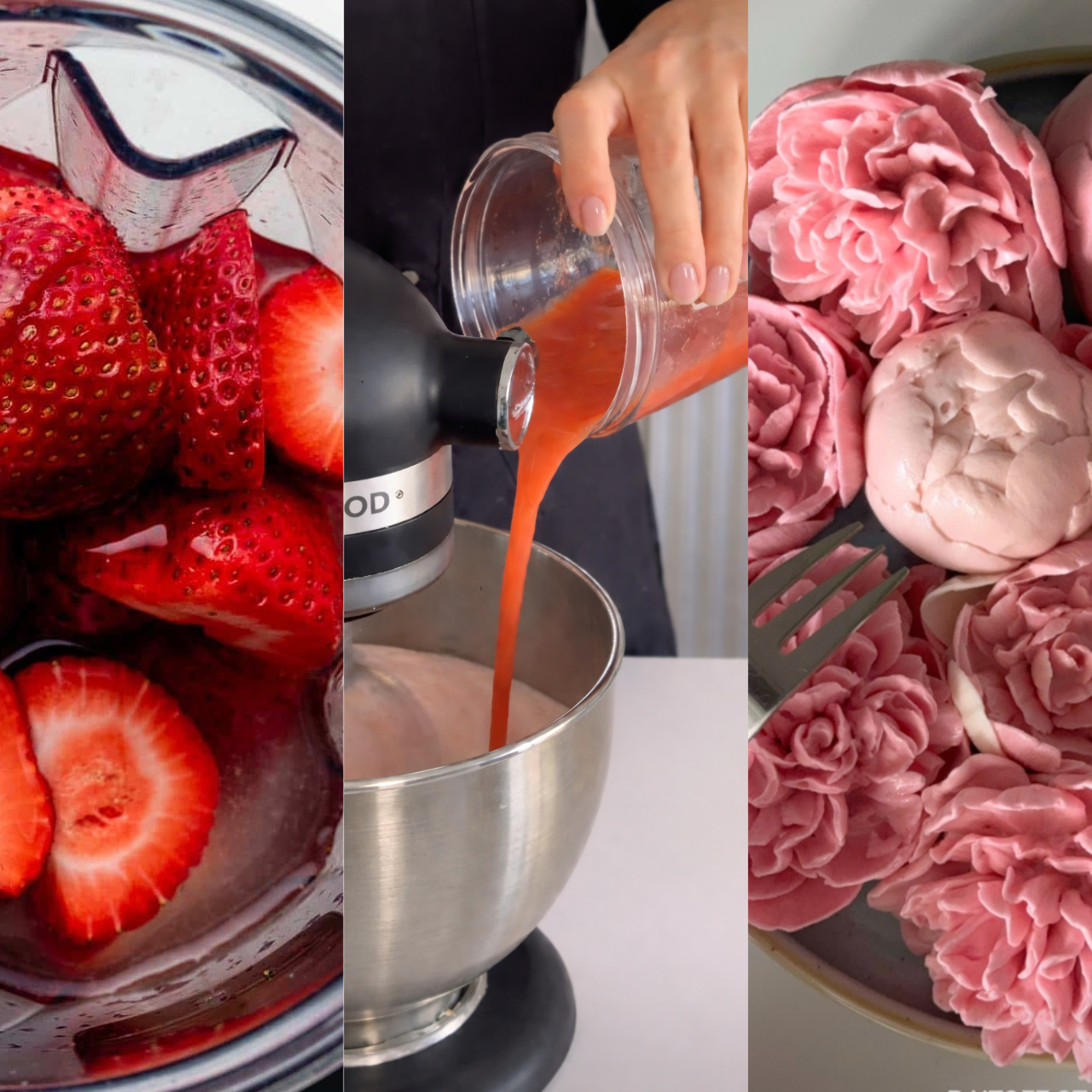 zephyr recipe in 3 stages: strawberries, a blended strawberry puree, and edible flowers.