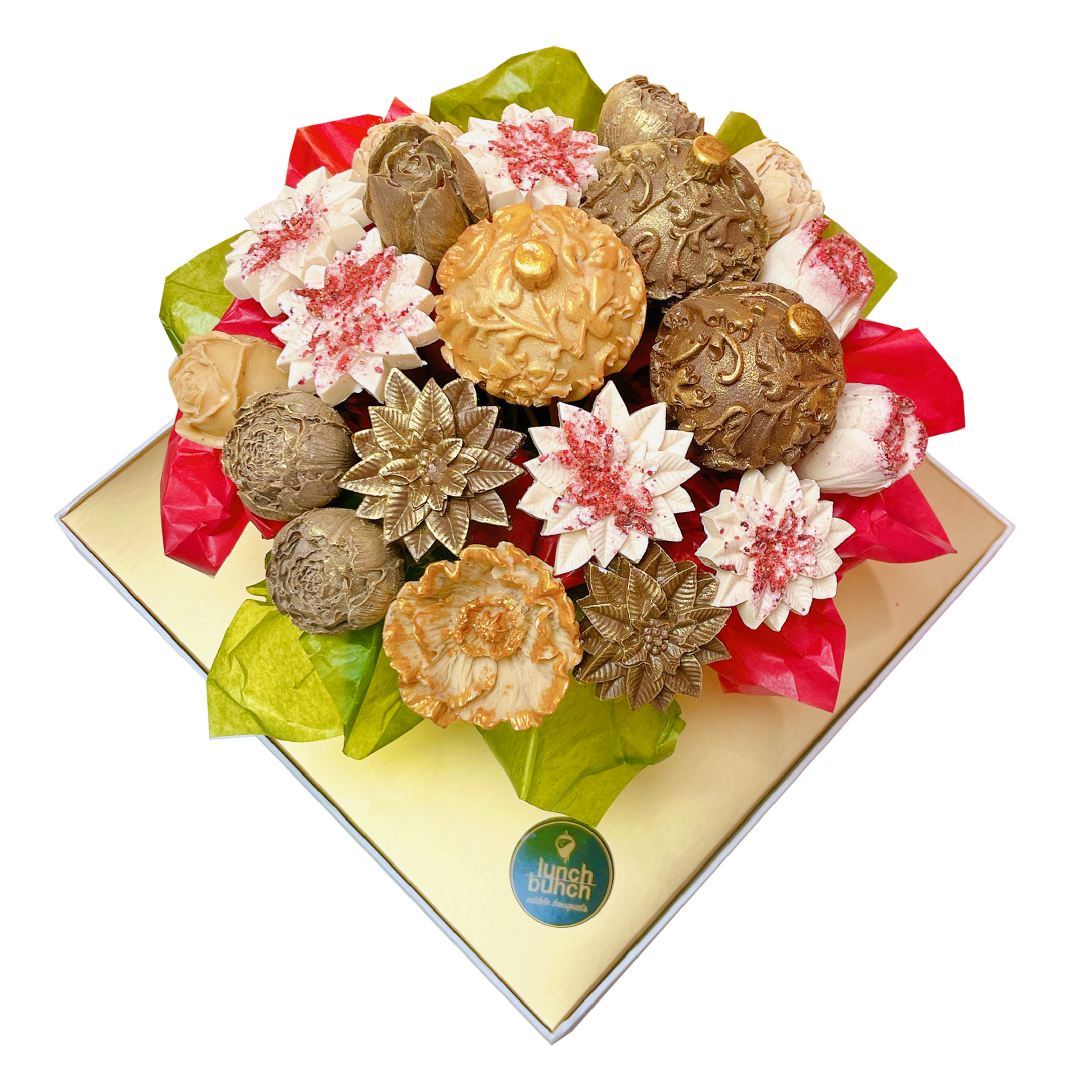 Chocolate Bouquet with Red Poinsettia Flowers, Christmas Balls Gift, Adelaide same day gift delivery, dessert box
