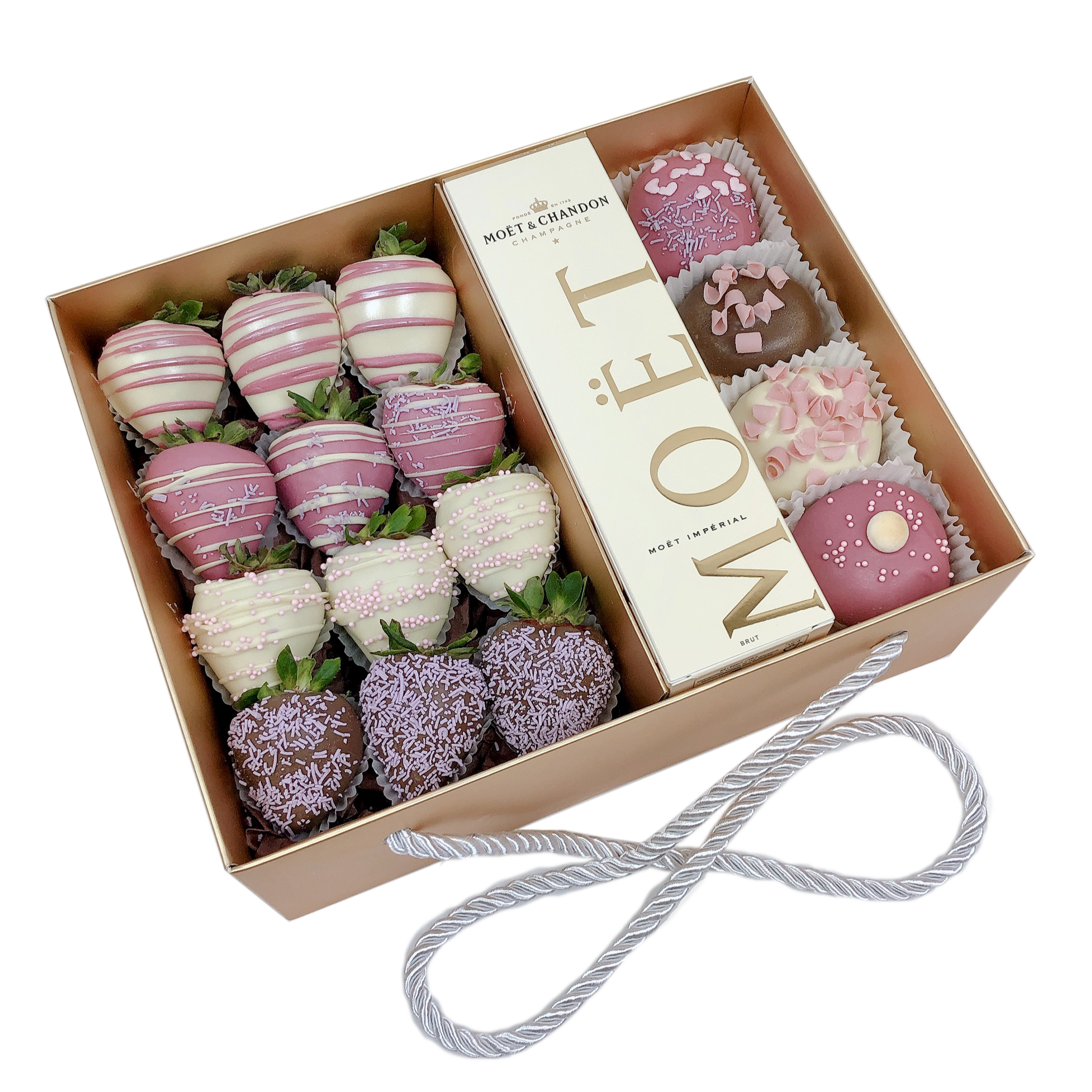 Donut, Moet & Chocolate Strawberries Pink Gift Hamper, Best sweet gift for a woman girly gift hamper