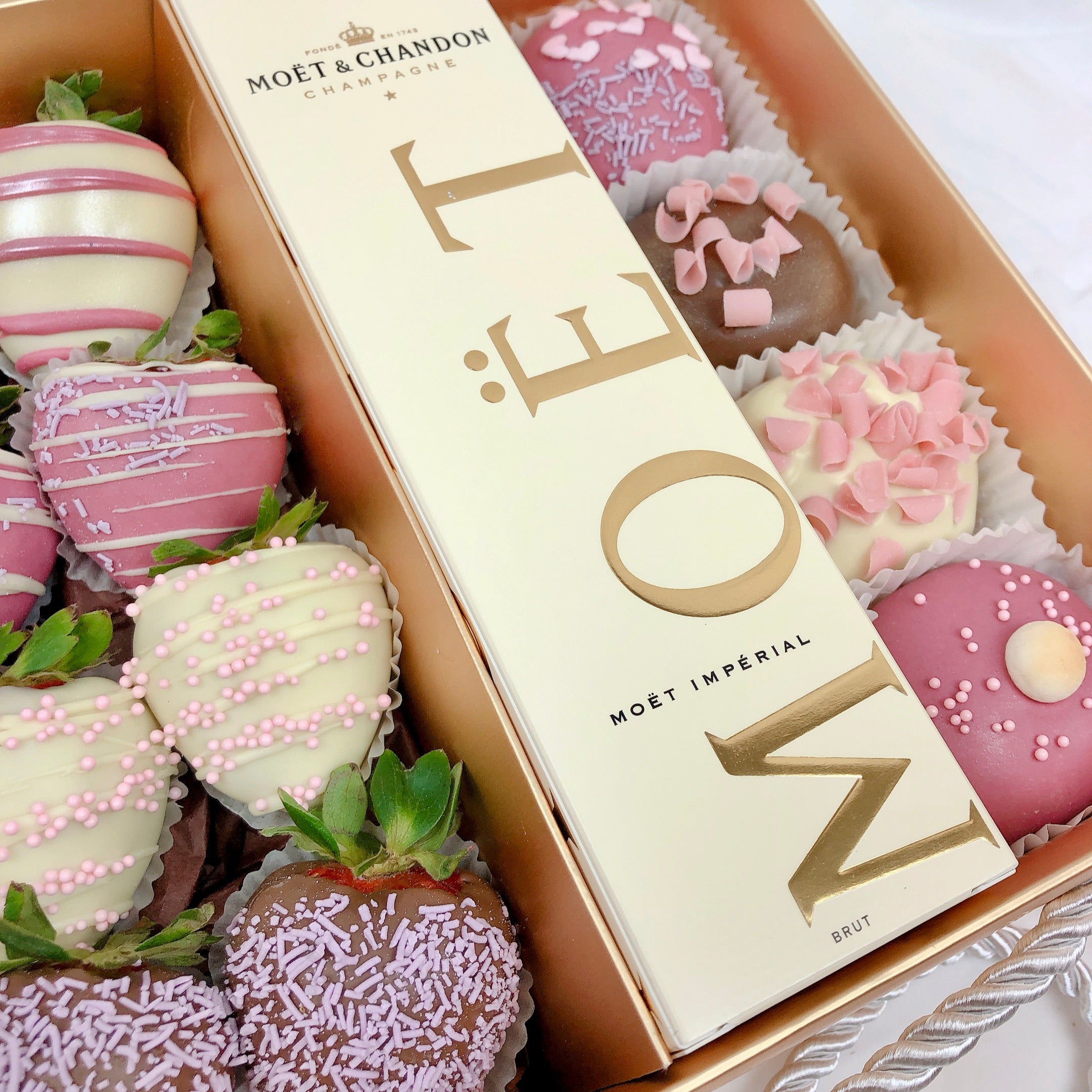 Feminine dessert box chocolate and champagne gift hamper, chocolate covered strawberries with champagne in a gift hamper same day delivery