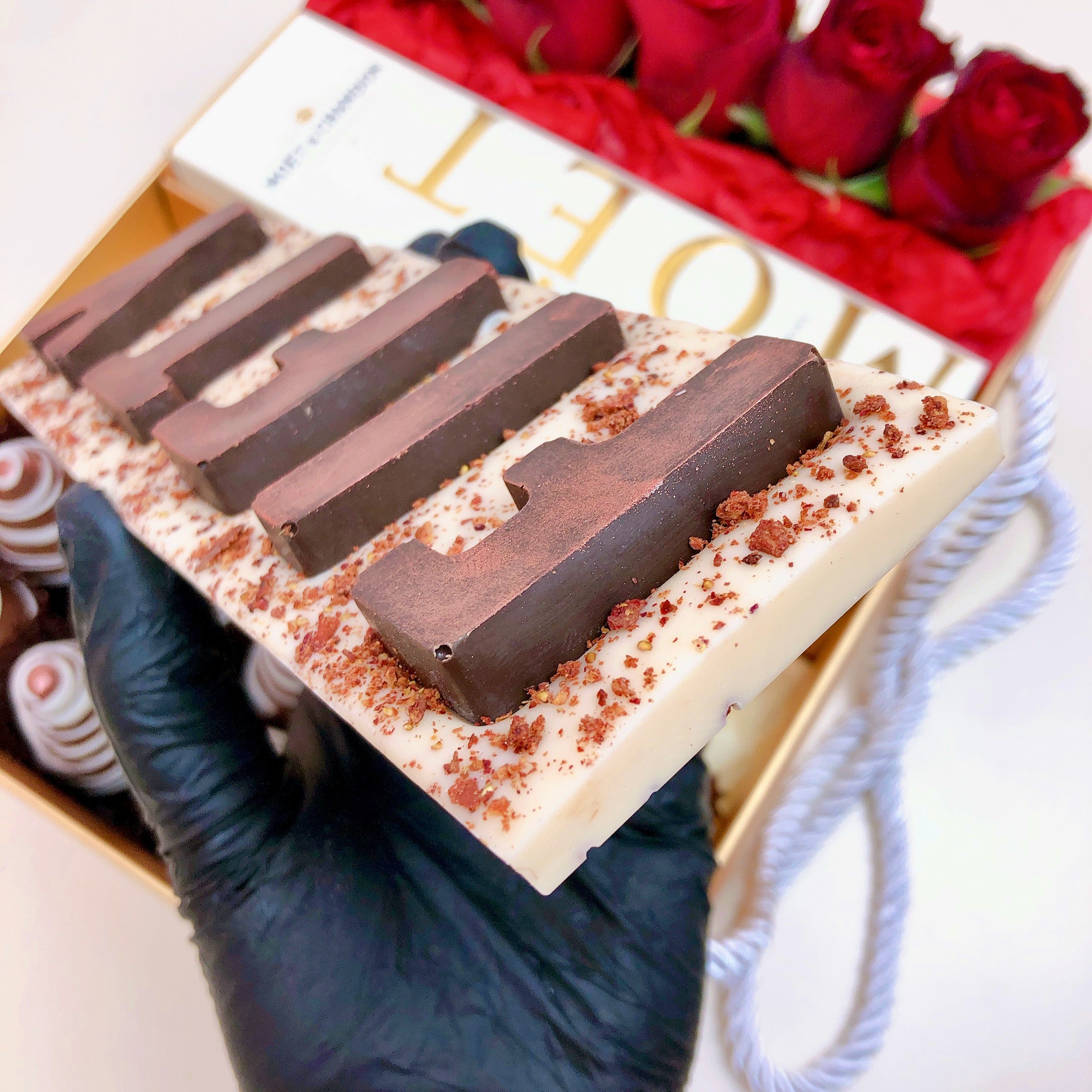 Chocolate 50th anniversary gift with champagne chocolate covered strawberries and flowers hamper for her
