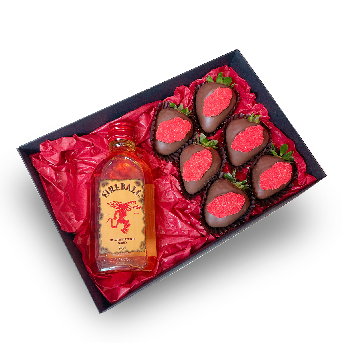 FireBall Whisky Gift Box, Sweet gift for him, Gift for a man same-day delivery Adelaide wide, Dessert Box and Brandy, Chocolate covered Strawberry box delivery, Chocolate Strawberries FireBall Whisky Box