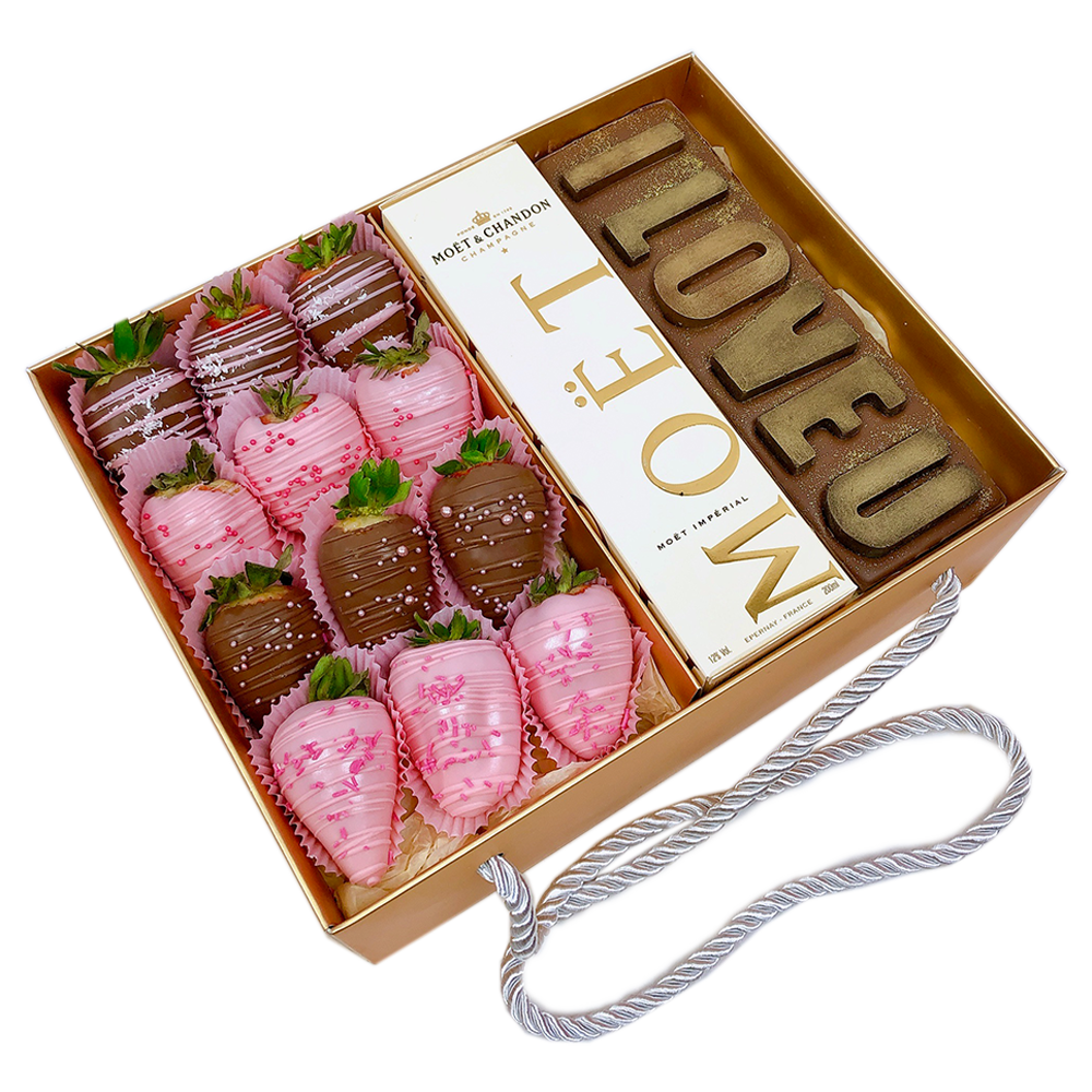 I love you personalised chocolate letters hamper who is chocolate covered  strawberries and champagne gift box