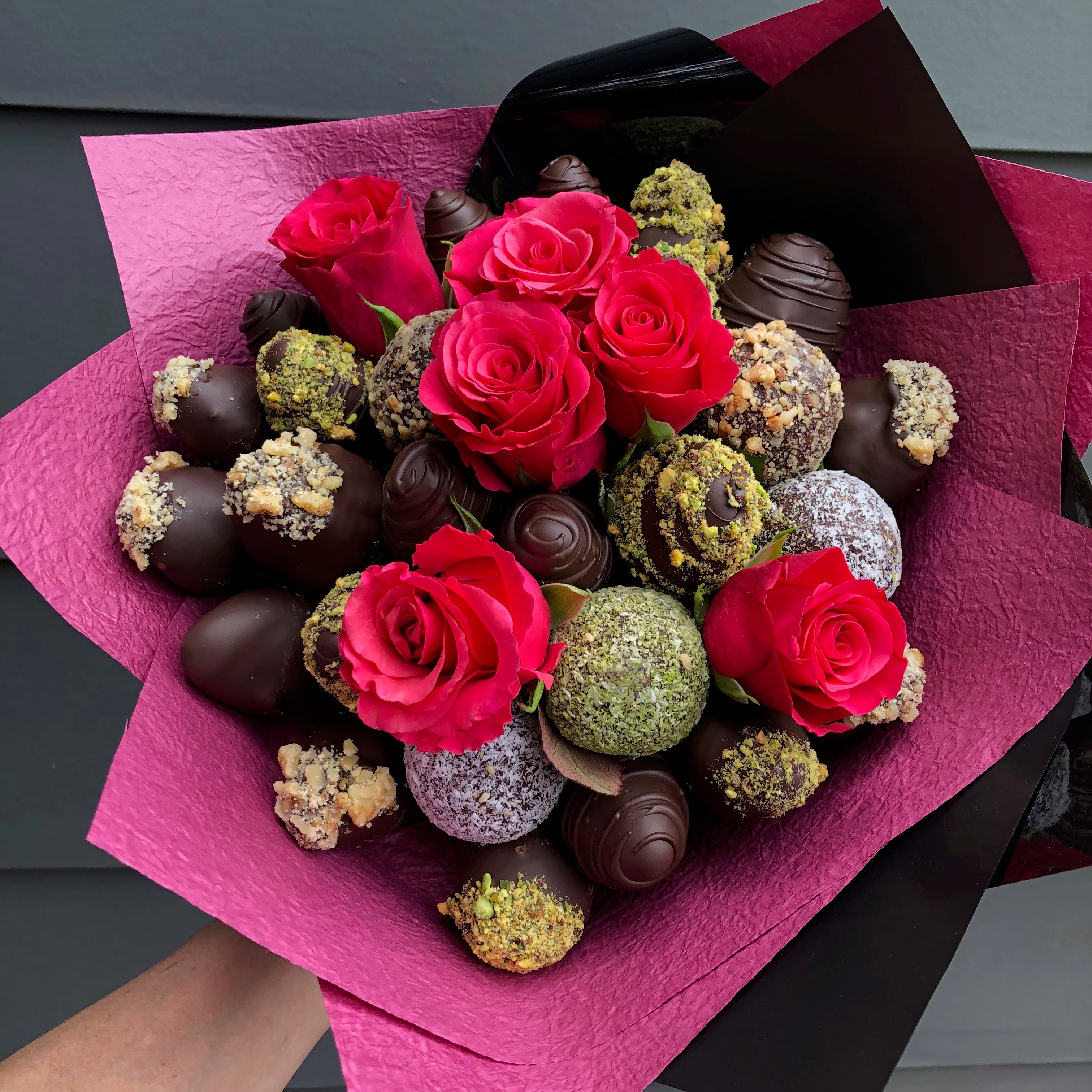 Vegan Chocolate Strawberries & Protein Bliss Balls Bouquet