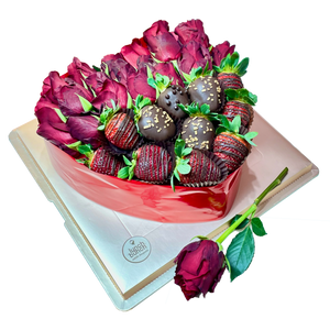 Love Heart Roses Chocolate Strawberries Gift Box, Red Roses Love Heart, Roses and Chocolate delivery same day.