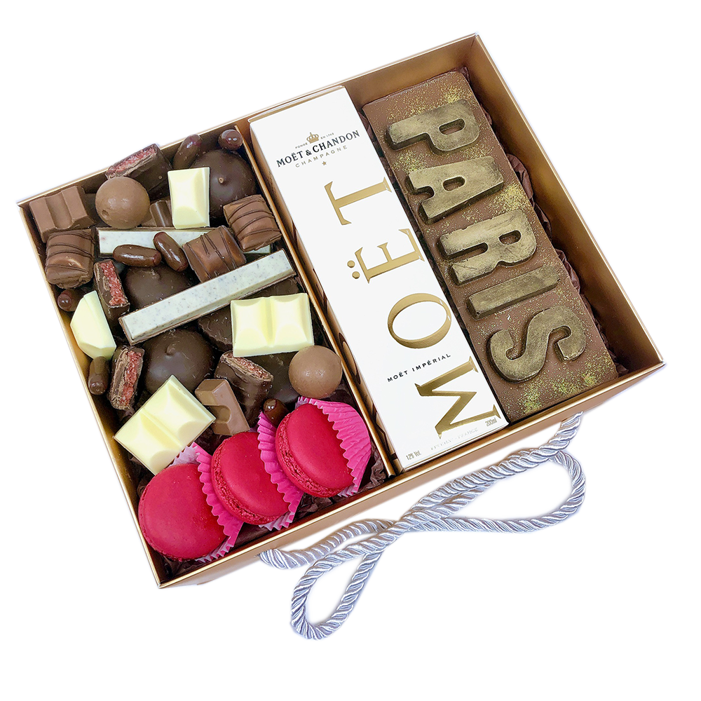 Personalise chocolate letters with champagne chocolate assortment and macarons in a luxury hamper