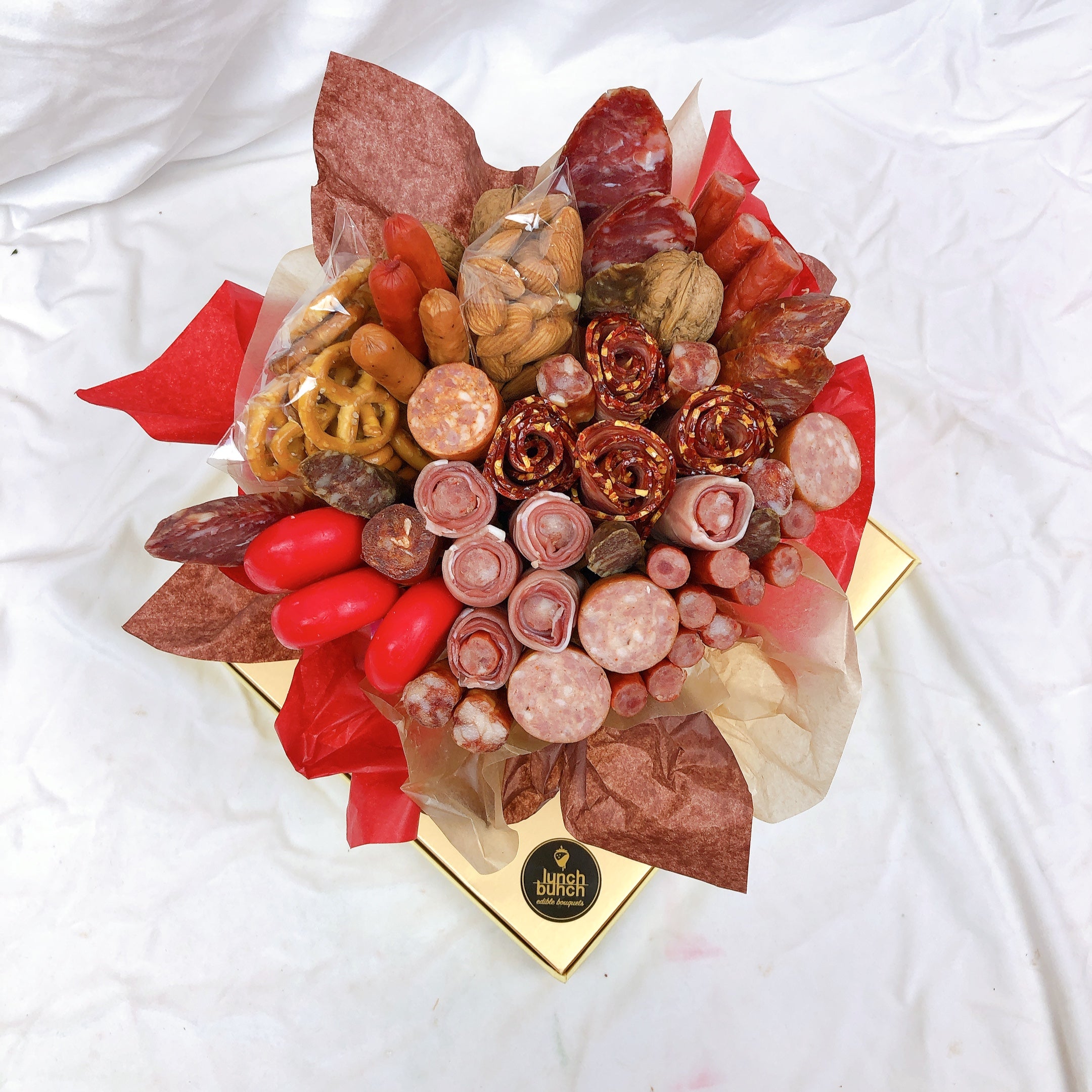 Meat and cheese bunch, pork Bouquet, cheese Bouquet was nuts pretzels in grazing hamper box