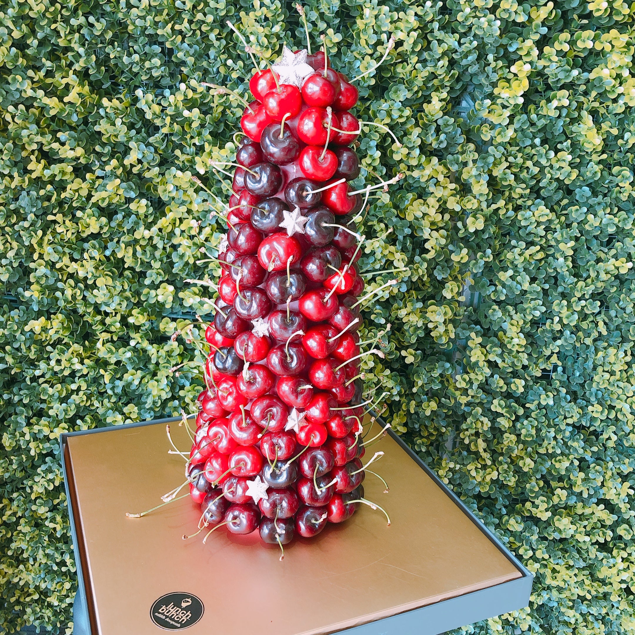 Wedding table centrepiece fresh cherries tall tower, perfect dessert table centrepiece