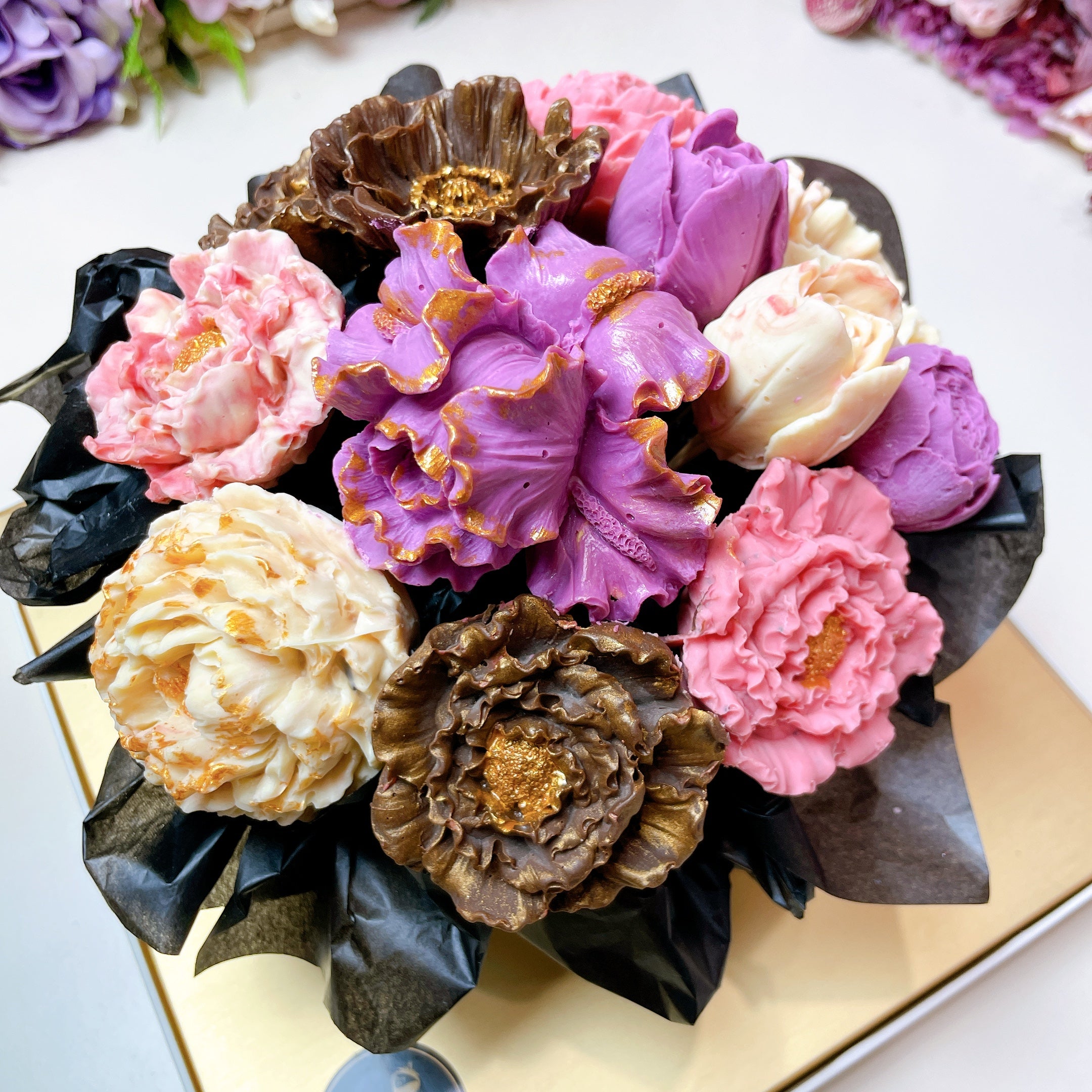 3-D chocolate flowers Rockyroad gift box chocolate bouquet