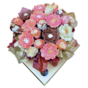 Feminine pink chocolate bouquet, chocolate flowers bouquet, 3-D chocolate roses, chocolate tulips, online chocolate flowers delivery