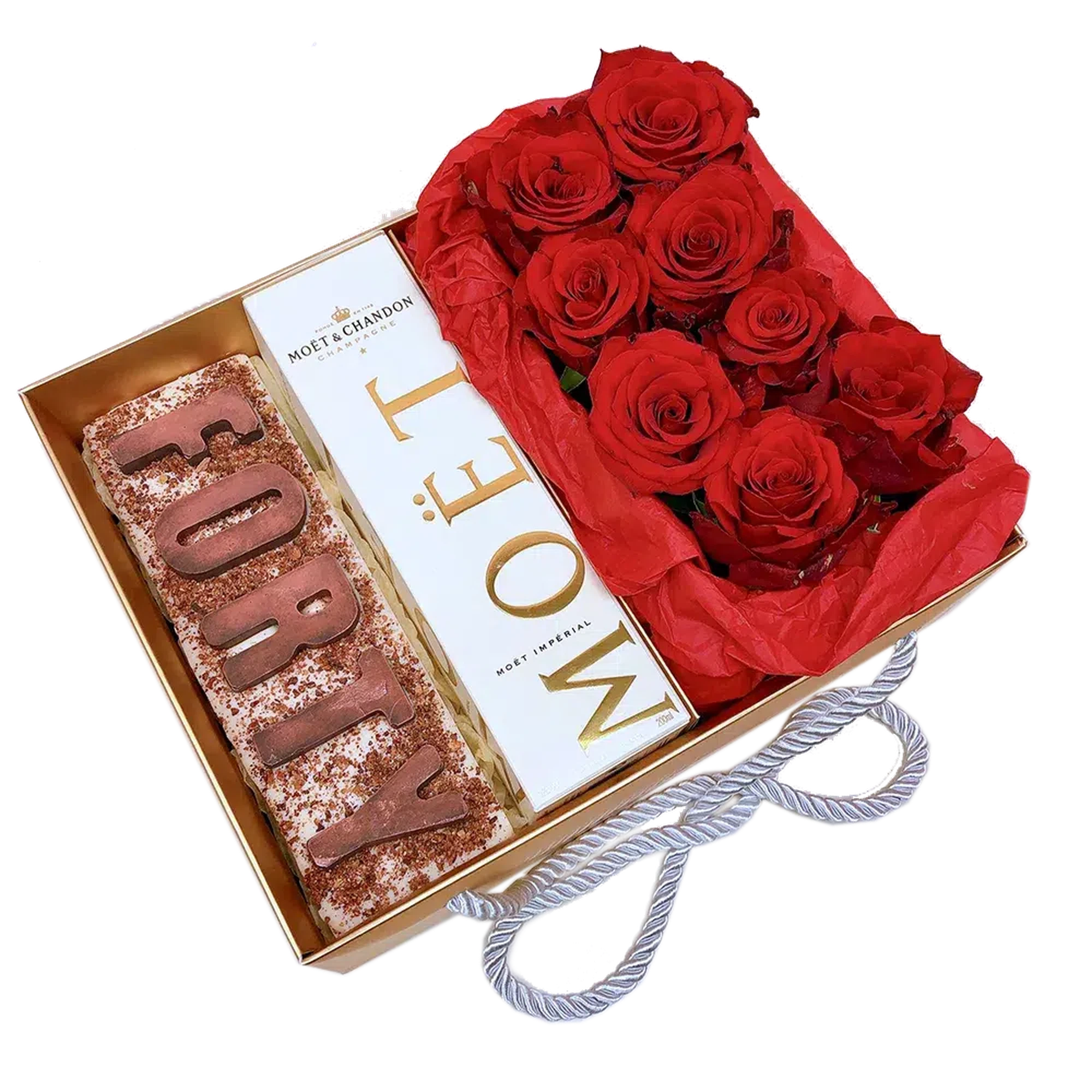 40's Birthday Gift Hamper has a thick solid block of chocolate letters and paired with a bottle of Moet Champaign and Roses 40th birthday ideas