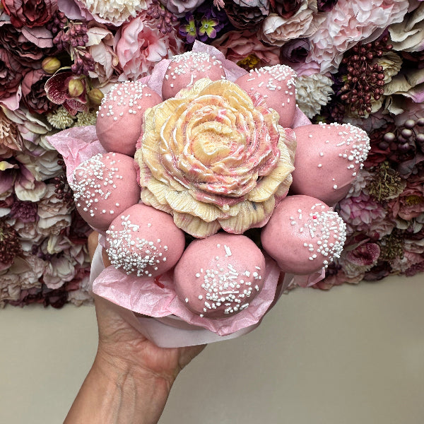 Birthday Chocolate Strawberry Bouquet, showcasing fresh berries, a handcrafted chocolate flower, and delivery options for Melbourne and Adelaide.