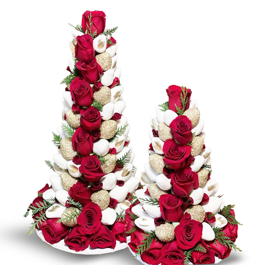 christmas dessert , chocolate covered strawberry tower, christmas table decor, event treat