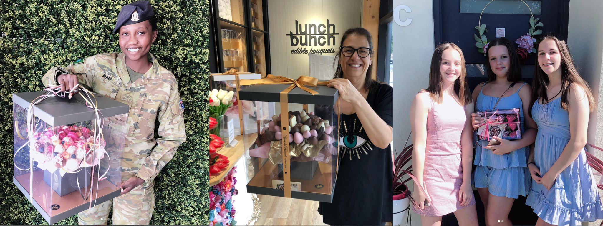 Real customer holding a Lunch Bunch luxury edible gift box after delivery