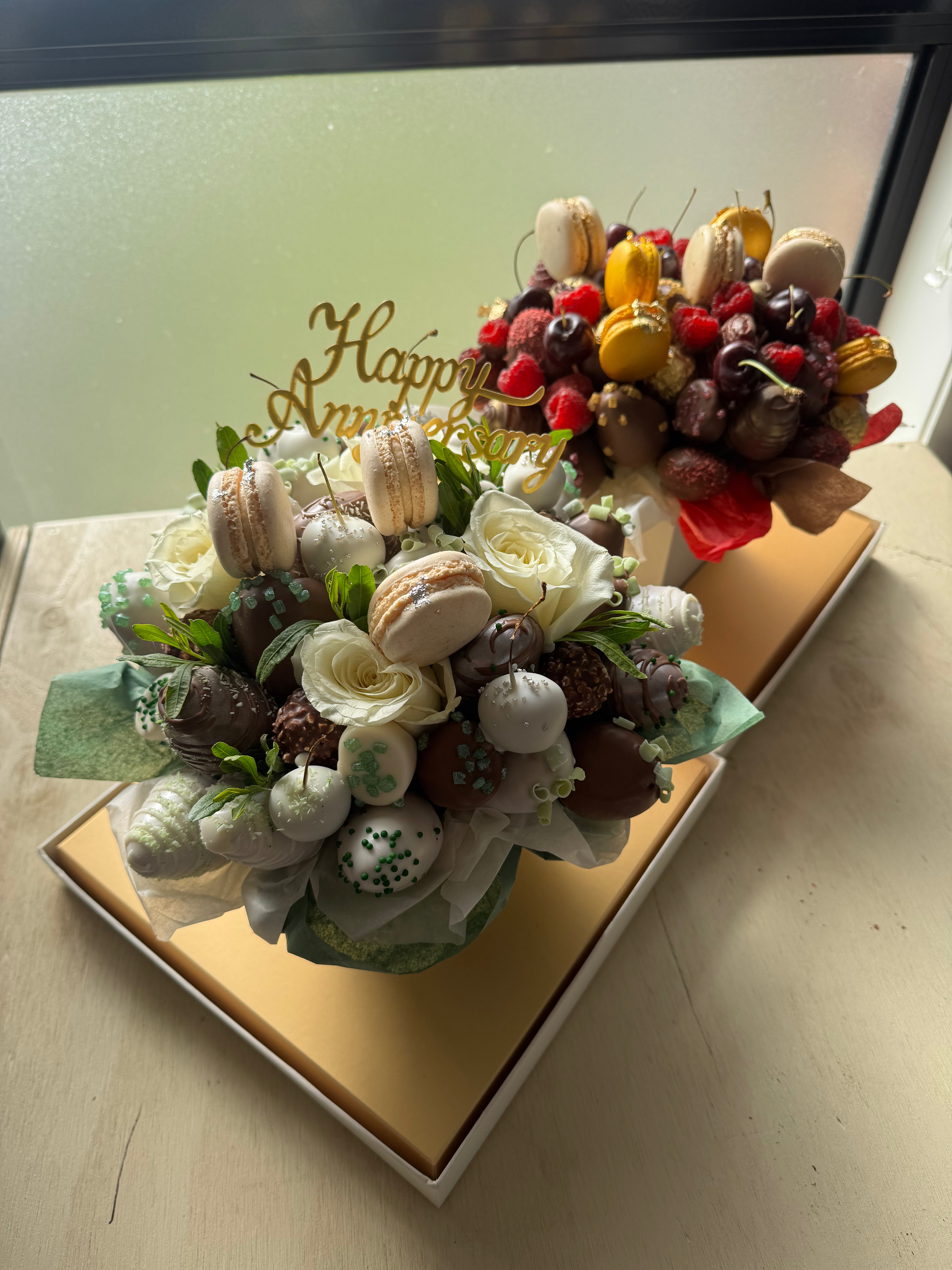 Emerald Anniversary Allure Chocolate Strawberry Bouquet with fresh flowers and Ferrero Rocher chocolates